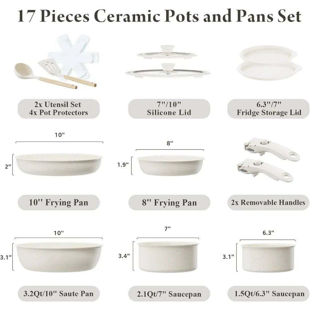17-Piece Healthy Ceramic Nonstick Cookware Set with Removable Handles, Suitable for Induction and RV Kitchen Use, Stain Resistan