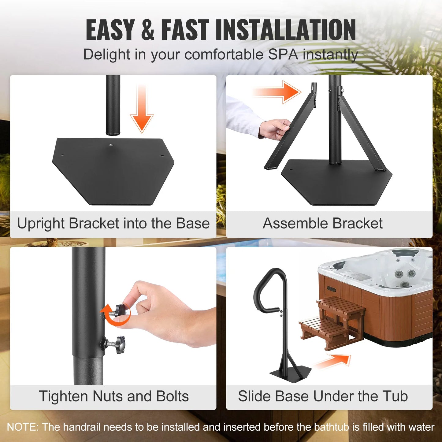 SucceBuy 360Rotatable Hot Tub Handrail Spa Side Hand Rail Adjustable Height W/ Slide-Under Mount