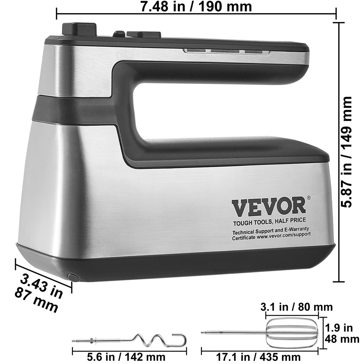 VEVOR Cordless Electric Hand Mixer 5 Gear 1100 RPM