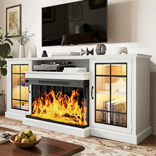 70'' Fireplace TV Stand, Farmhouse Entertainment Center with 3 Sided Glass TV Stand, Modern Media Console Table