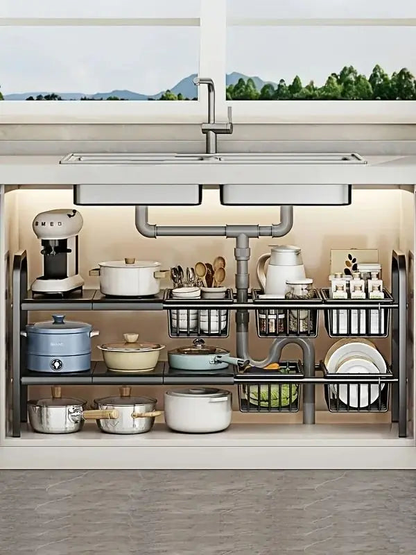 HOMEFISH 1pc 2-Tier Under Sink Organizers,Kitchen Pot Rack, Bathroom, Washbasin, Cabinet