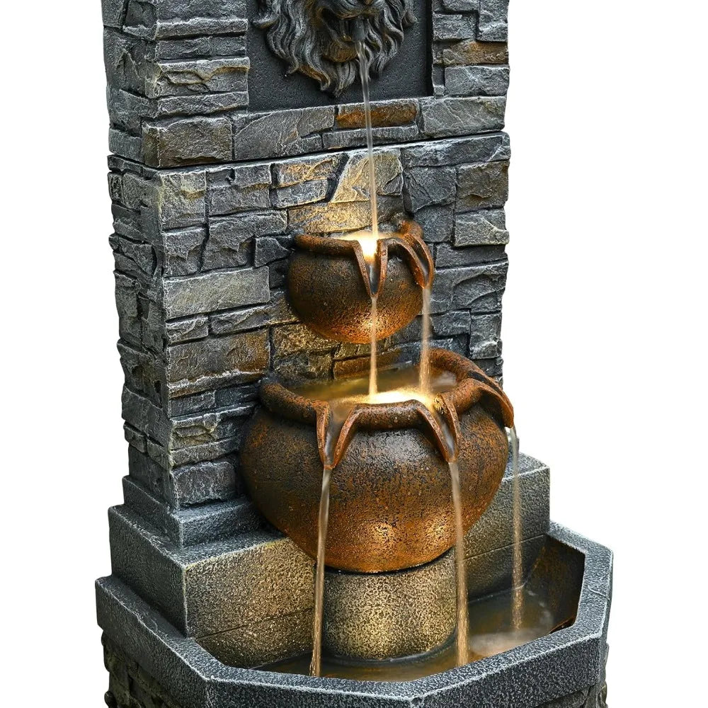 Outdoor Garden Floor Standing Water Fountain with Lion Head and Lights
