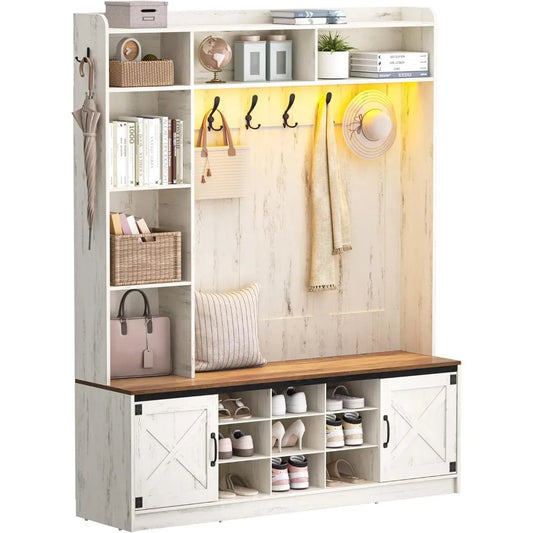 Hall Tree, LED Farmhouse Entryway Storage and Coat Rack Wood, Entryway Furniture  7 Hooks