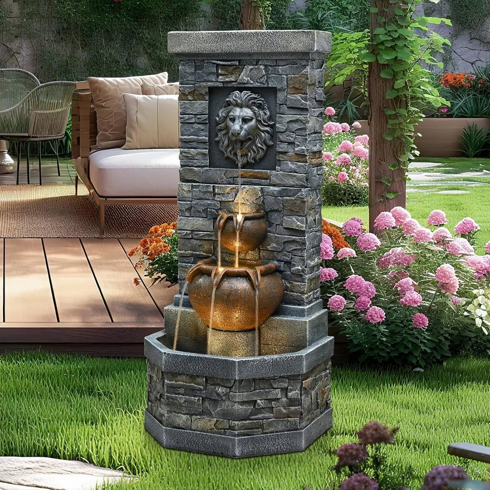 Outdoor Garden Floor Standing Water Fountain with Lion Head and Lights