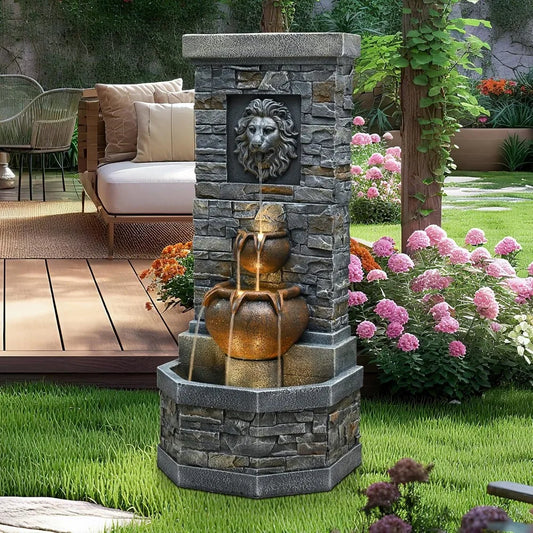 Outdoor Garden Floor Standing Water Fountain with Lion Head and Lights