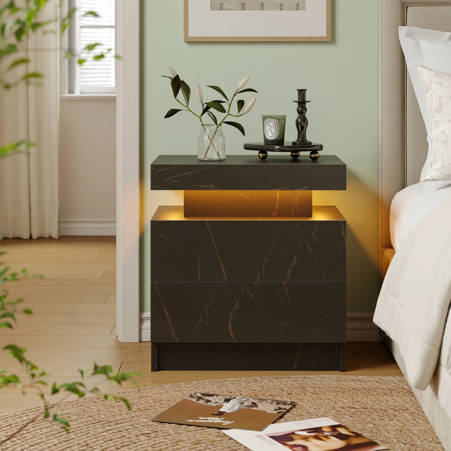 Cubehom LED Nightstands with 2 Drawers, End Table with RGB LED Lights