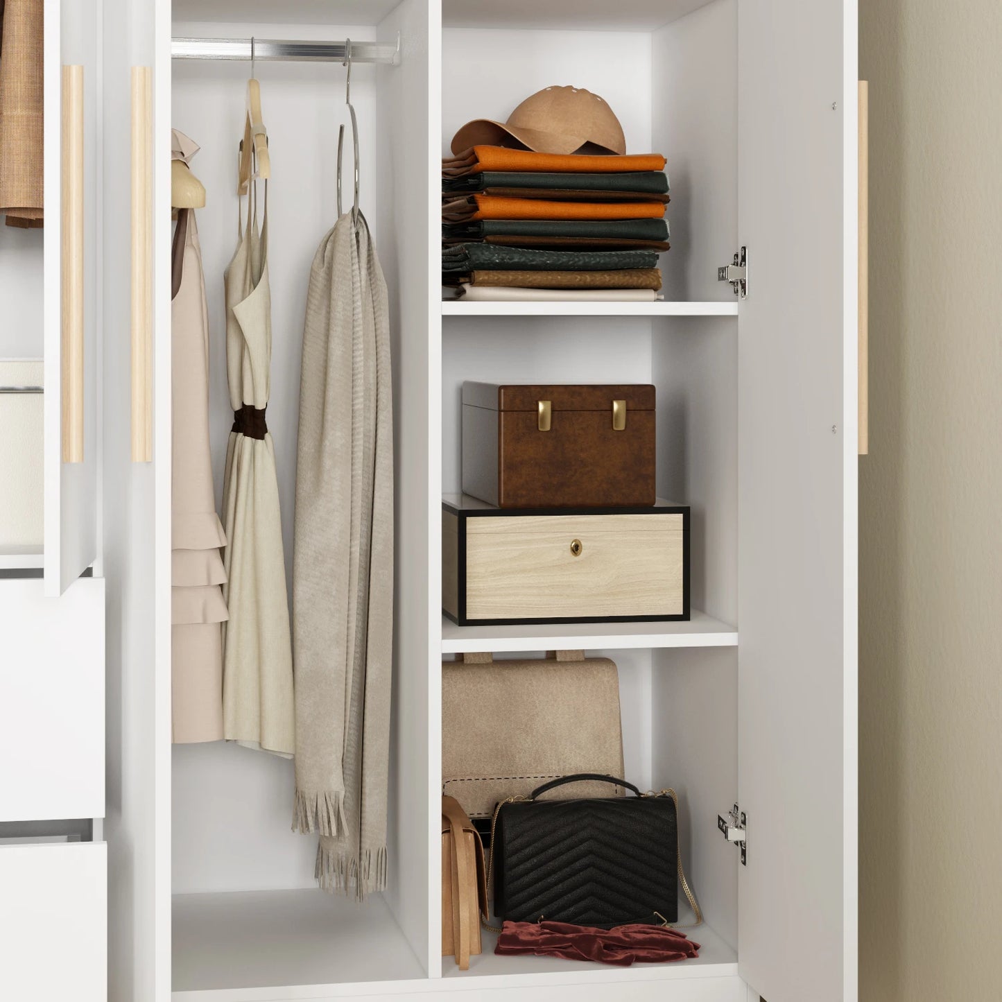 FUFU&GAGA Modern Wardrobe Armoire Closet with 2 Drawers, 6 Storage Cubes & 2 Hanging Rods
