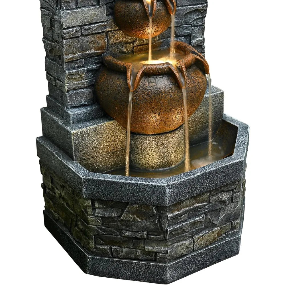 Outdoor Garden Floor Standing Water Fountain with Lion Head and Lights