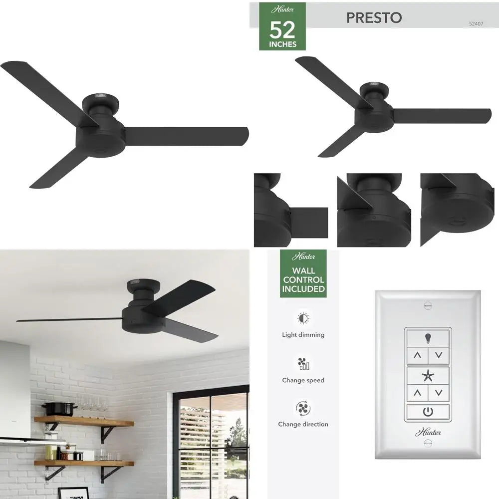 Matte Black 52-inch Casual Style Indoor Low Profile Ceiling Fan with Wall Control for Bedroom Living Spaces