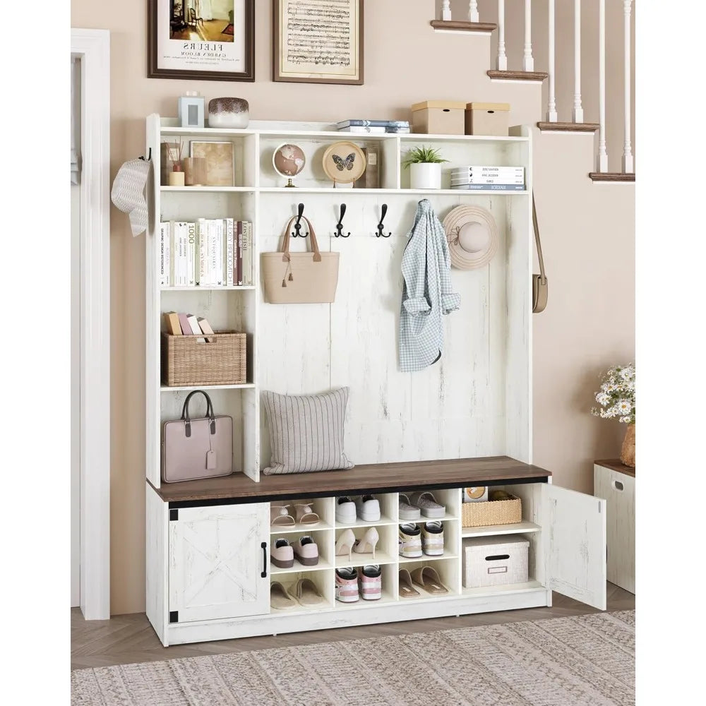 Hall Tree, LED Farmhouse Entryway Storage and Coat Rack Wood, Entryway Furniture  7 Hooks