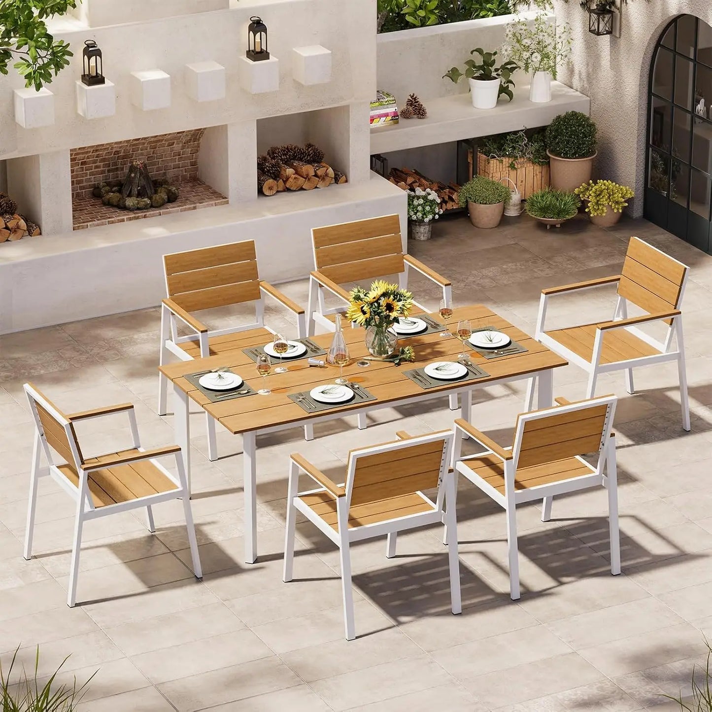 Outdoor Dining Set for 6, Patio Table and Chairs Set with Umbrella Hole, 7 Pieces HDPS