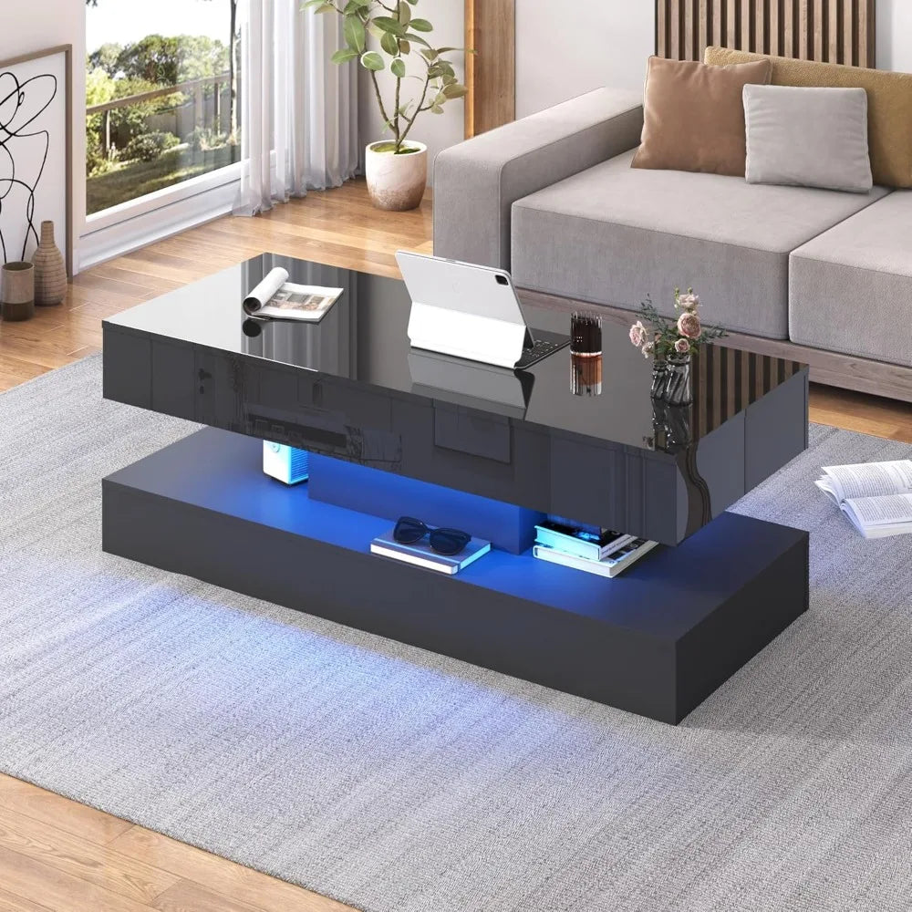 Large Lift Top Coffee Table With Storage LED Black Modern