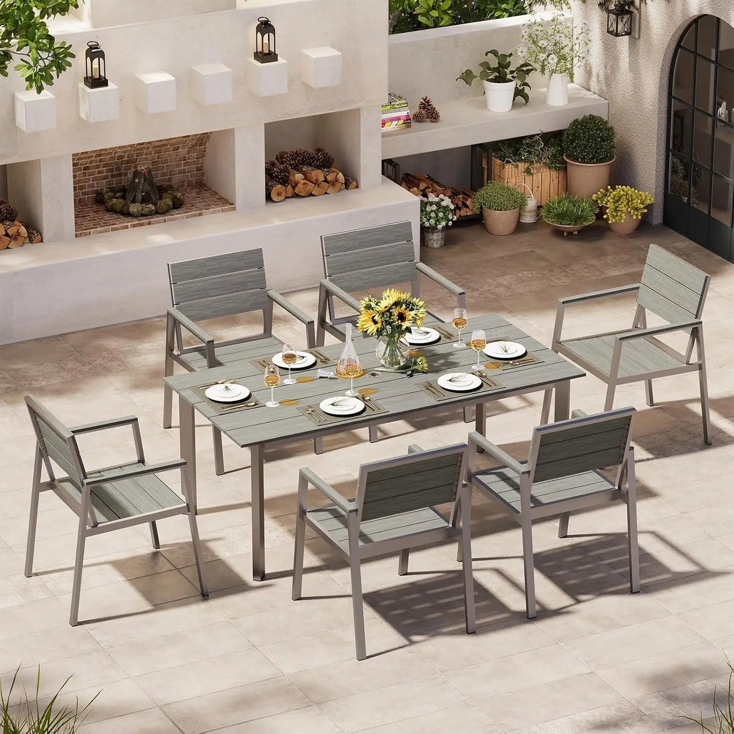 Outdoor Dining Set for 6, Patio Table and Chairs Set with Umbrella Hole, 7 Pieces HDPS Outdoor Furniture