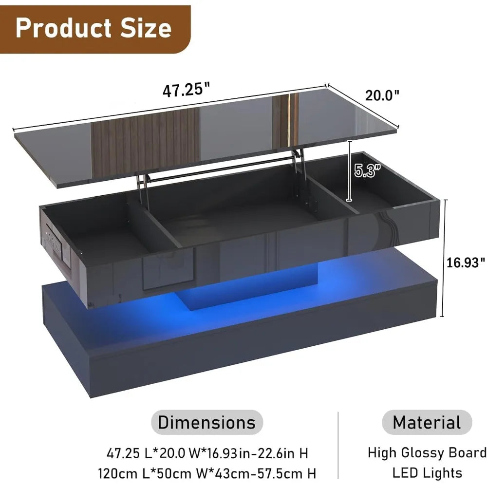 Large Lift Top Coffee Table With Storage LED Black Modern