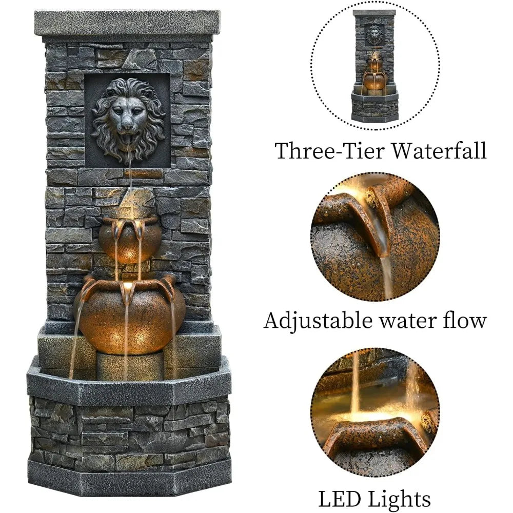 Outdoor Garden Floor Standing Water Fountain with Lion Head and Lights