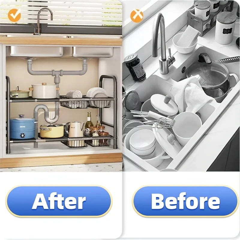 HOMEFISH 1pc 2-Tier Under Sink Organizers,Kitchen Pot Rack, Bathroom, Washbasin, Cabinet