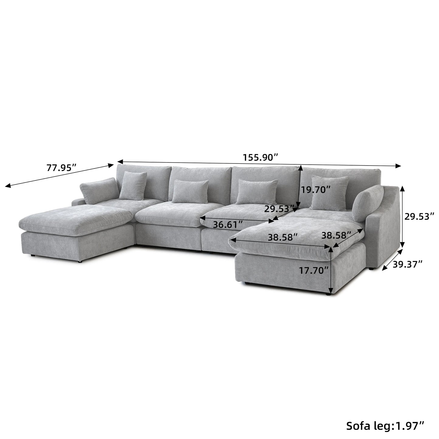 Modular Sectional Sofa for Living Room 160" Cloud Couch Down Filled U Shaped Couch with Ottoman