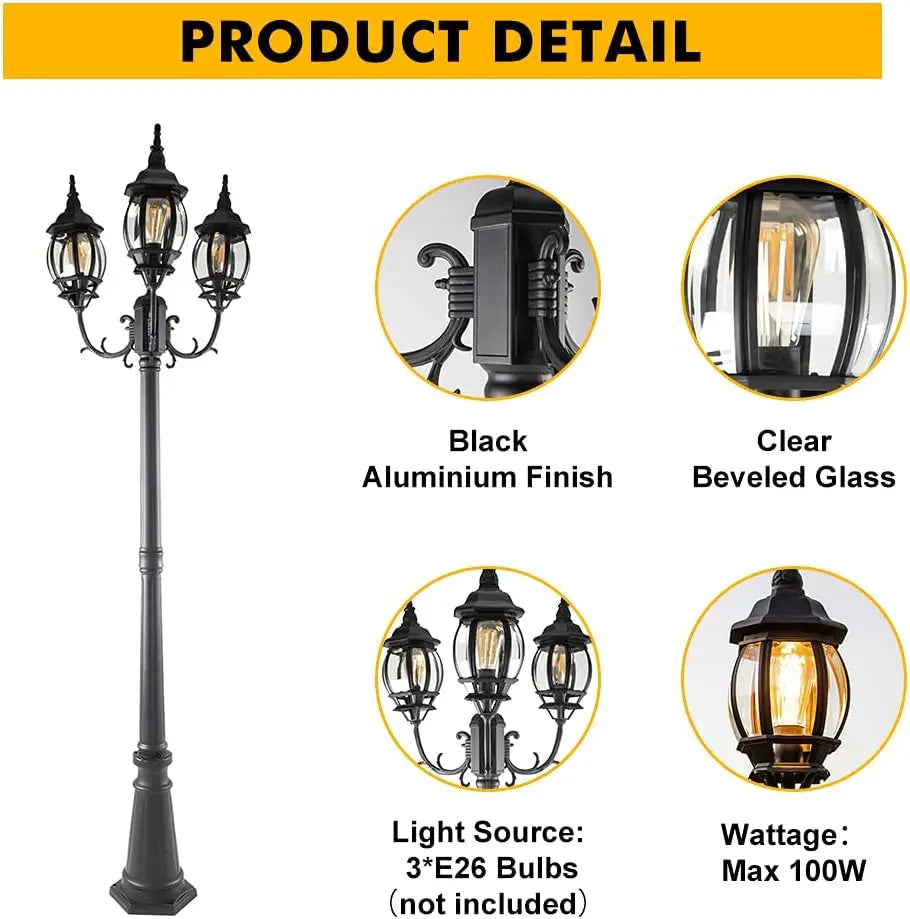 LED Outdoor Post Light with Triple-Head, Hardwired Vintage Street Lights for Lawn Patio Yard Pathway Garden Black Light Po