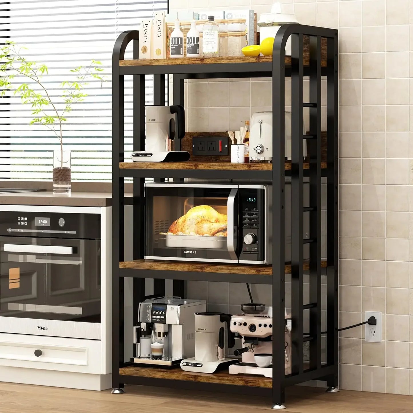 4-Tier Kitchen Bakers Rack with Power Outlet and Rolling Wheels, Microwave Stand with Storage, Adjustable Kitchen Shelves