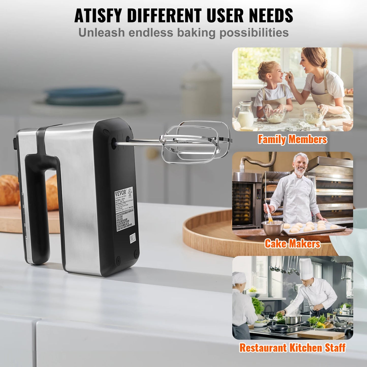 VEVOR Cordless Electric Hand Mixer 5 Gear 1100 RPM