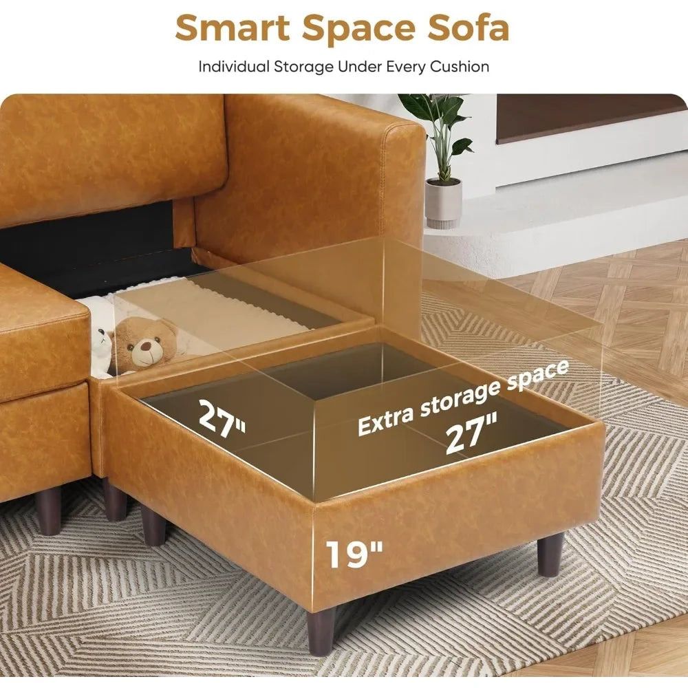 Faux Leather Modular Sectional Sofa, 91.5" L Shaped Couch Set for Living Room, 3-Seater Comfy Cloud