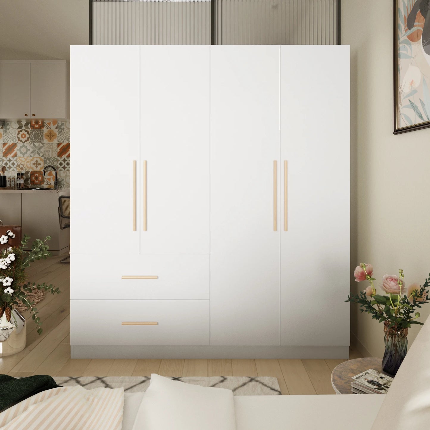 FUFU&GAGA Modern Wardrobe Armoire Closet with 2 Drawers, 6 Storage Cubes & 2 Hanging Rods