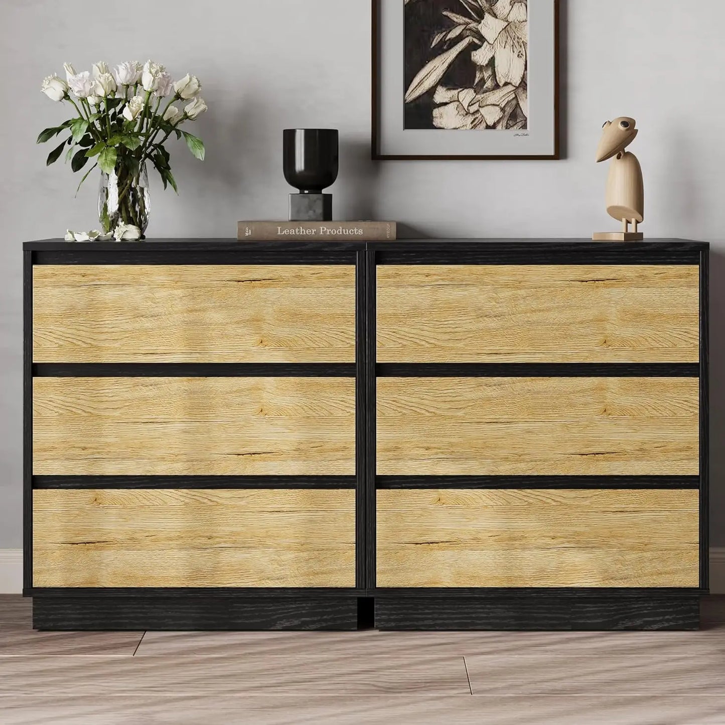 RoyaCraft Wide Nightstand Set of 3, Black Nightstand for Bedroom, Large End Table with 3 Drawers, Bedside Table for Home and Off