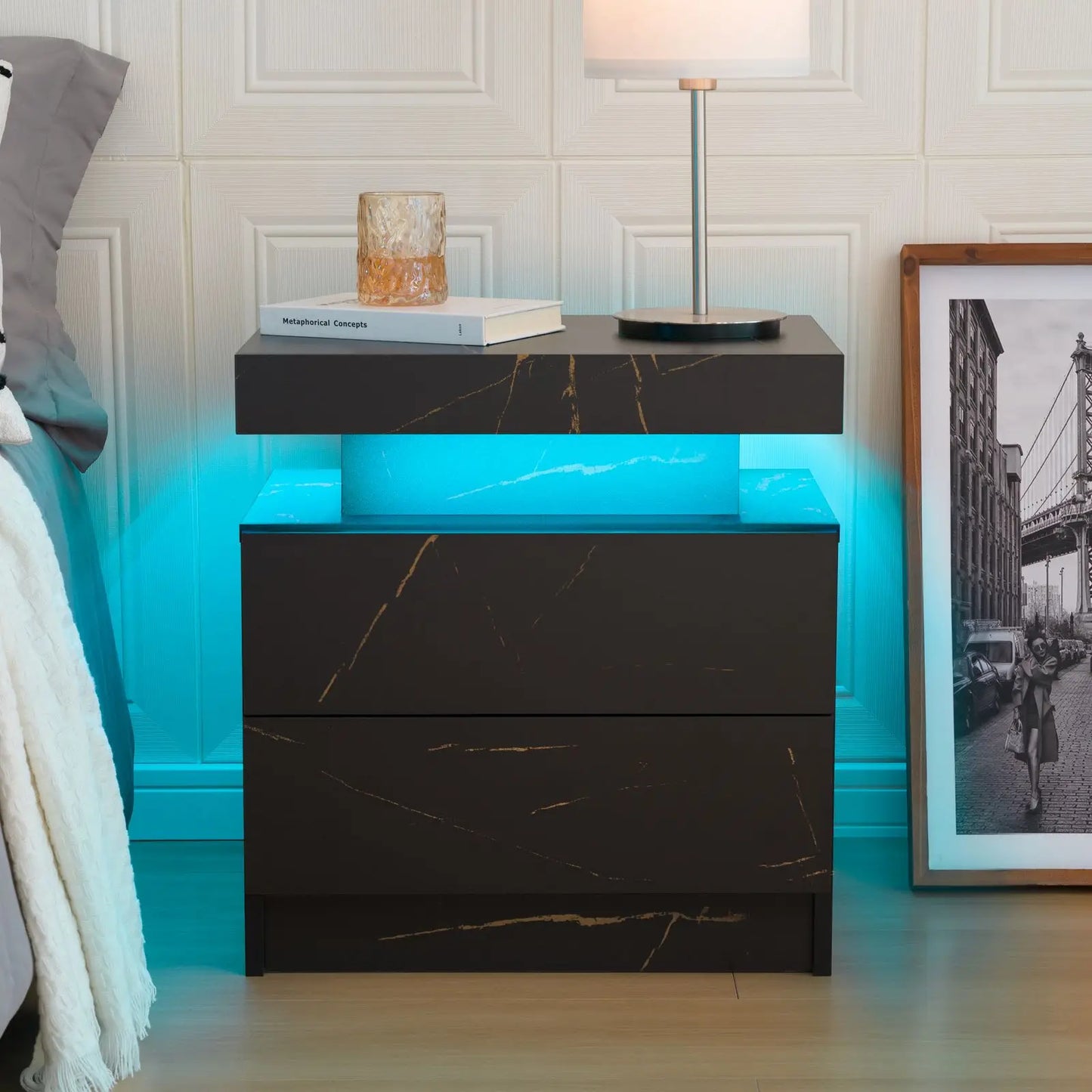 Cubehom LED Nightstands with 2 Drawers, End Table with RGB LED Lights