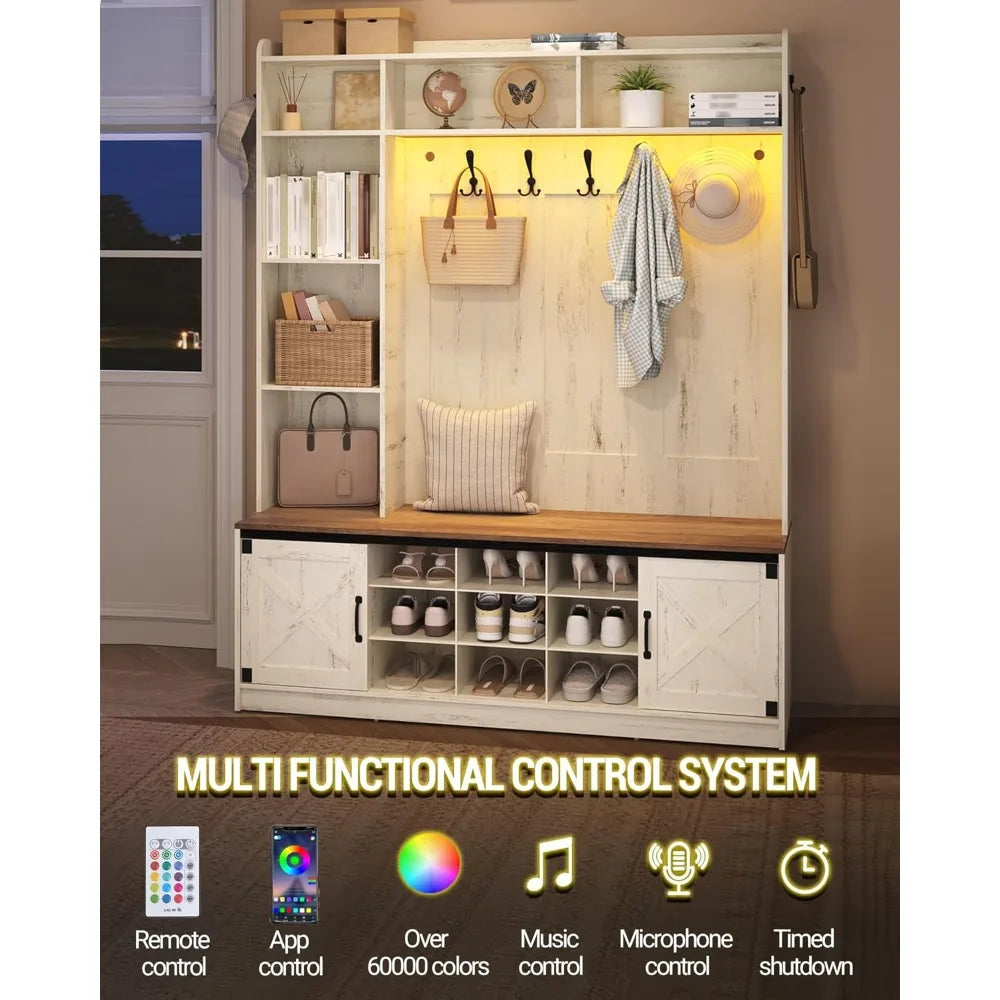 Hall Tree, LED Farmhouse Entryway Storage and Coat Rack Wood, Entryway Furniture  7 Hooks