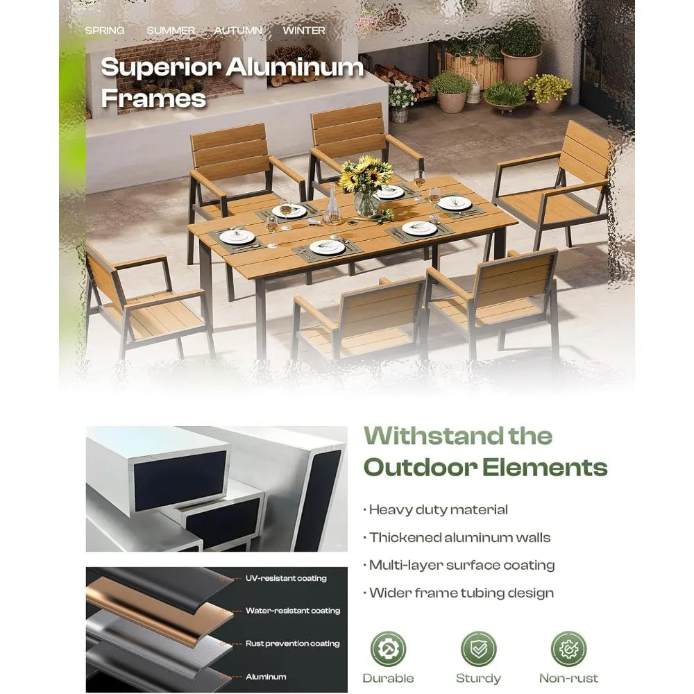 Outdoor Dining Set for 6, Patio Table and Chairs Set with Umbrella Hole, 7 Pieces HDPS Outdoor Furniture