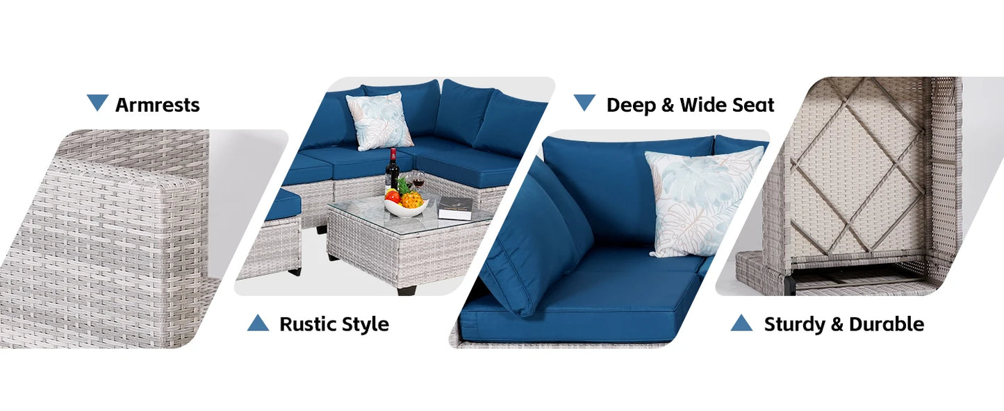 NAGA BAHNA Outdoor Patio Furniture, 7 Piece Outdoor Sectional Sofa PE Rattan Wicker Patio Conversation Sets with Thick Cushions