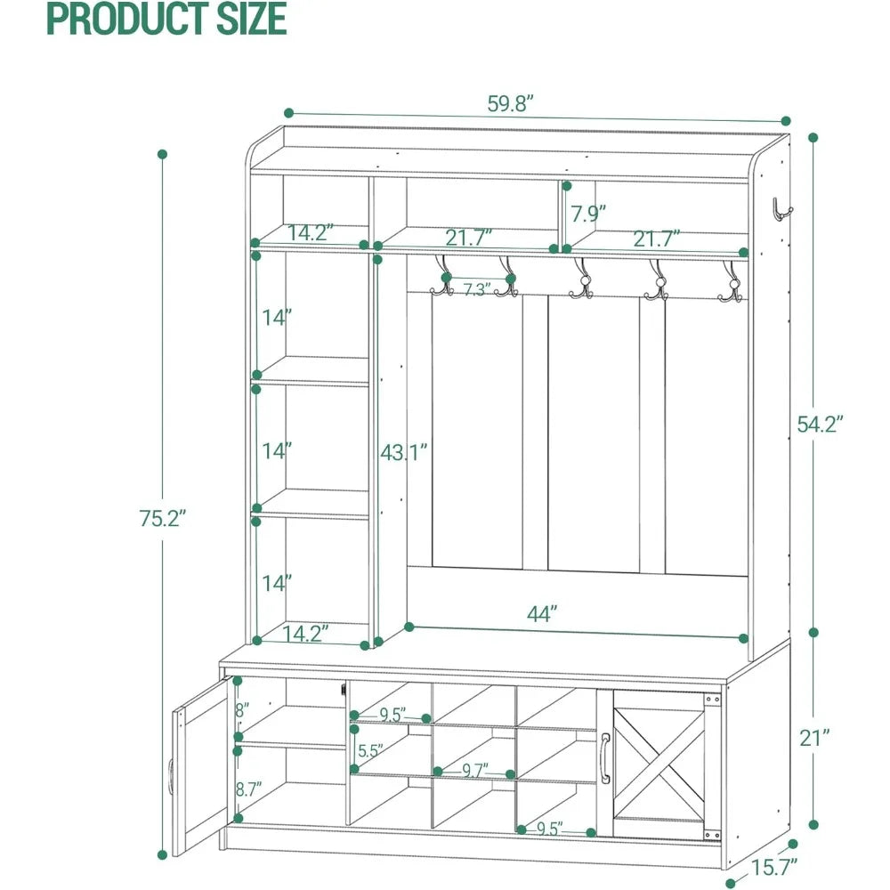Hall Tree, LED Farmhouse Entryway Storage and Coat Rack Wood, Entryway Furniture  7 Hooks