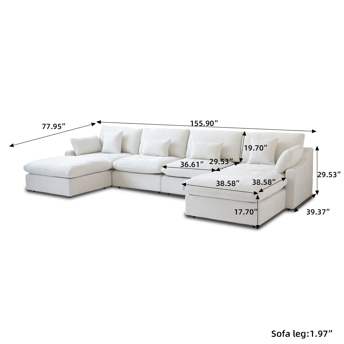 Modular Sectional Sofa for Living Room 160" Cloud Couch Down Filled U Shaped Couch with Ottoman