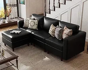 Faux Leather Modular Sectional Sofa, 91.5" L Shaped Couch Set for Living Room, 3-Seater Comfy Cloud