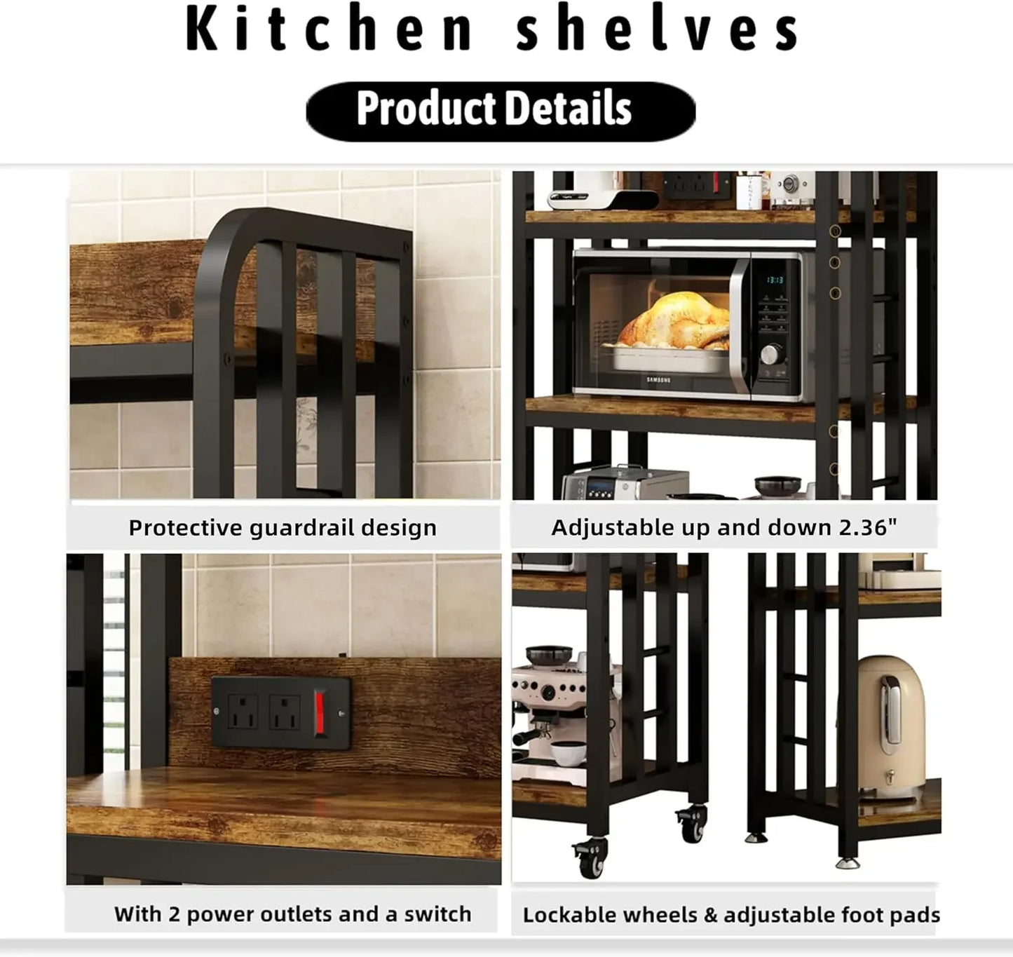 4-Tier Kitchen Bakers Rack with Power Outlet and Rolling Wheels, Microwave Stand with Storage, Adjustable Kitchen Shelves