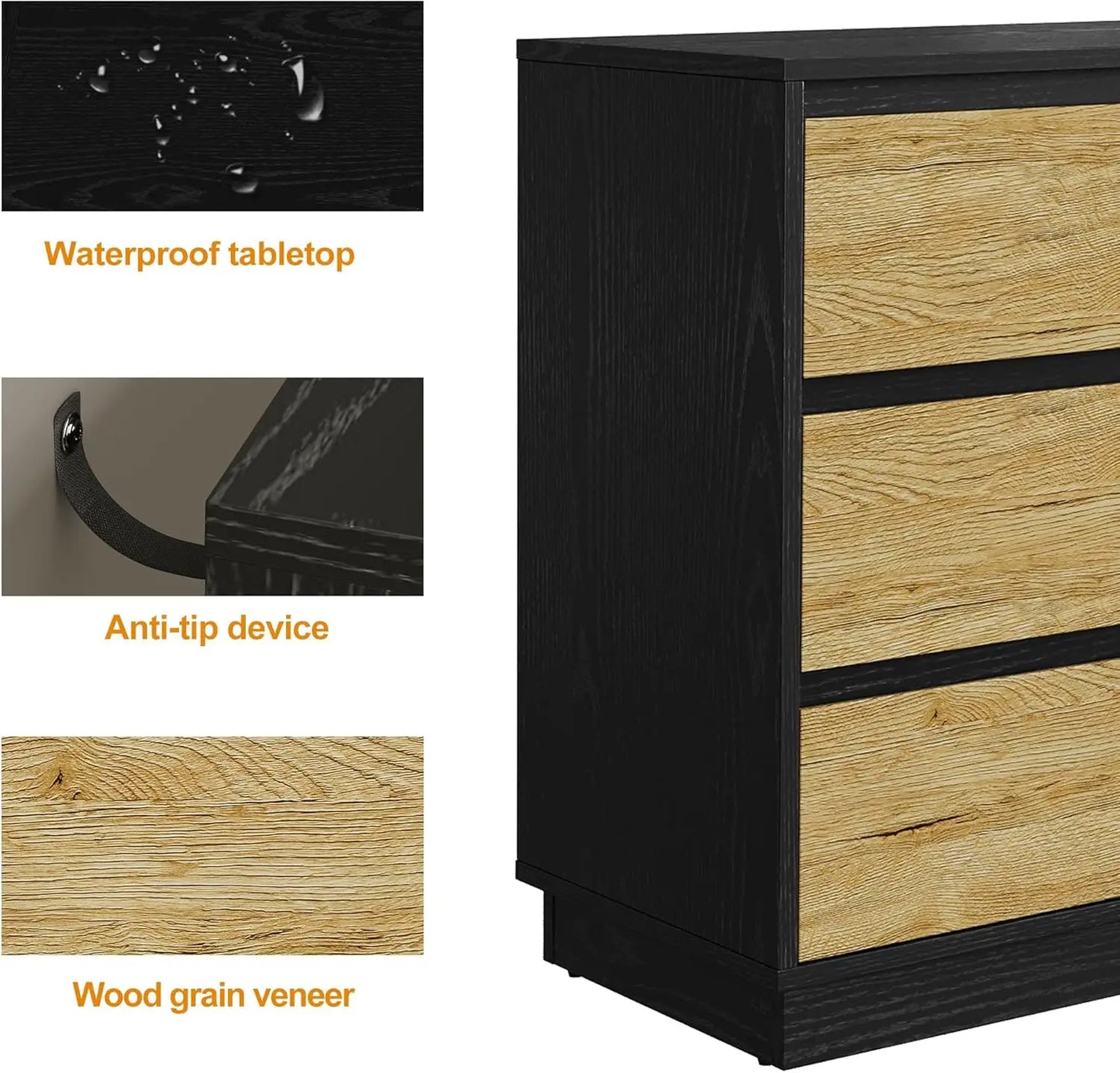 RoyaCraft Wide Nightstand Set of 3, Black Nightstand for Bedroom, Large End Table with 3 Drawers, Bedside Table for Home and Off