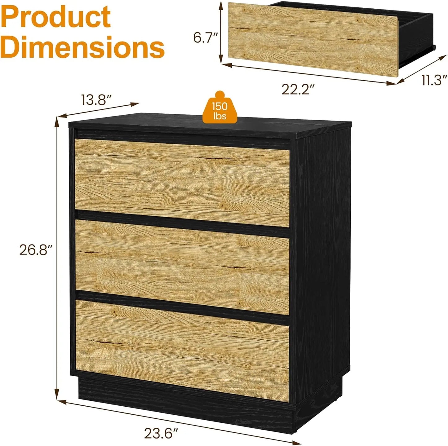 RoyaCraft Wide Nightstand Set of 3, Black Nightstand for Bedroom, Large End Table with 3 Drawers, Bedside Table for Home and Off