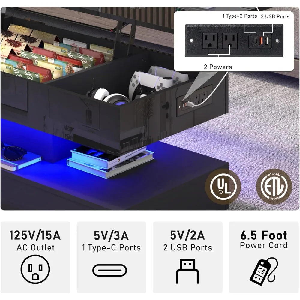 Large Lift Top Coffee Table With Storage LED Black Modern