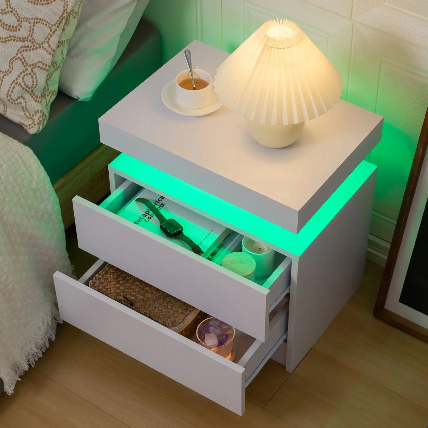 Cubehom LED Nightstands with 2 Drawers, End Table with RGB LED Lights