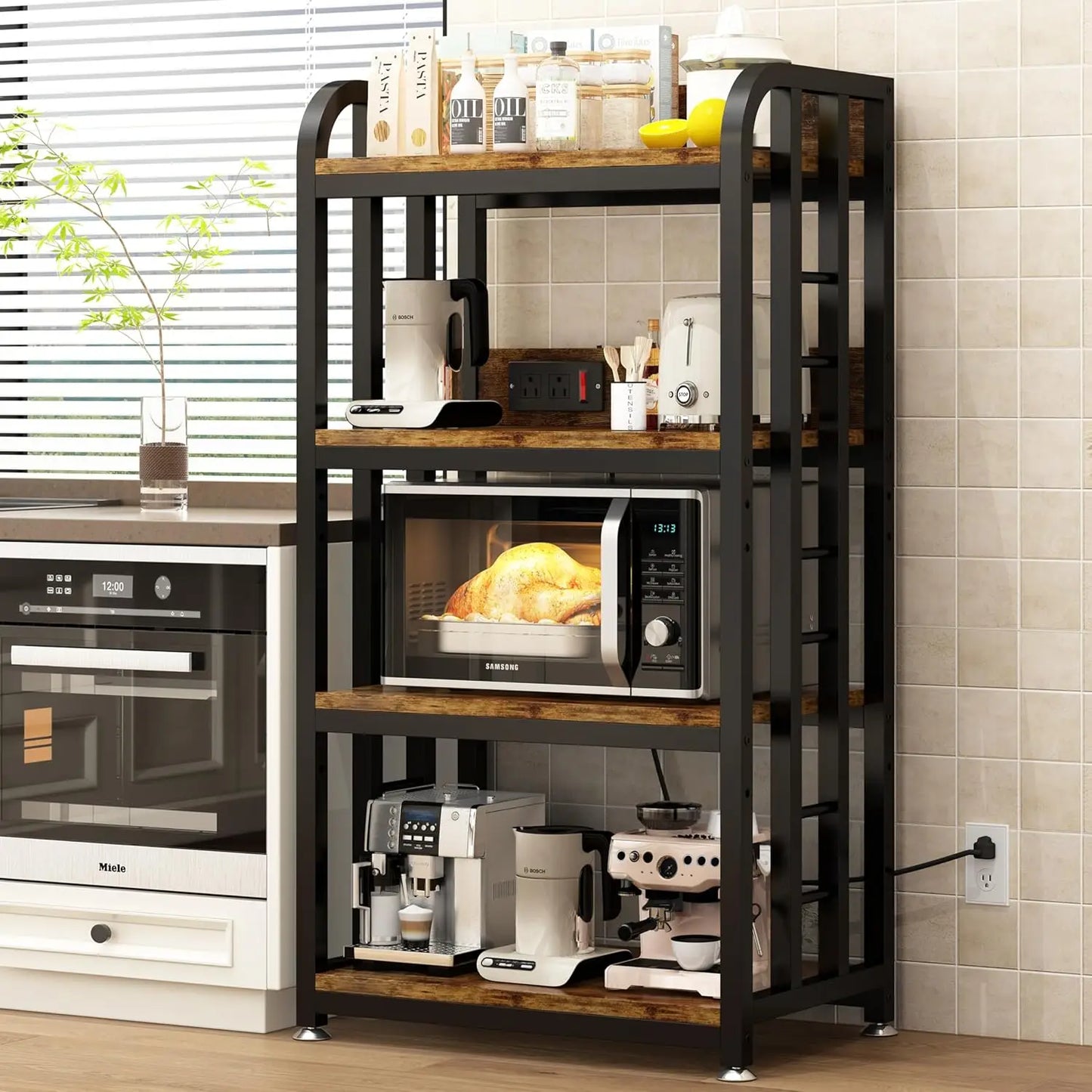 4-Tier Kitchen Bakers Rack with Power Outlet and Rolling Wheels, Microwave Stand with Storage, Adjustable Kitchen Shelves