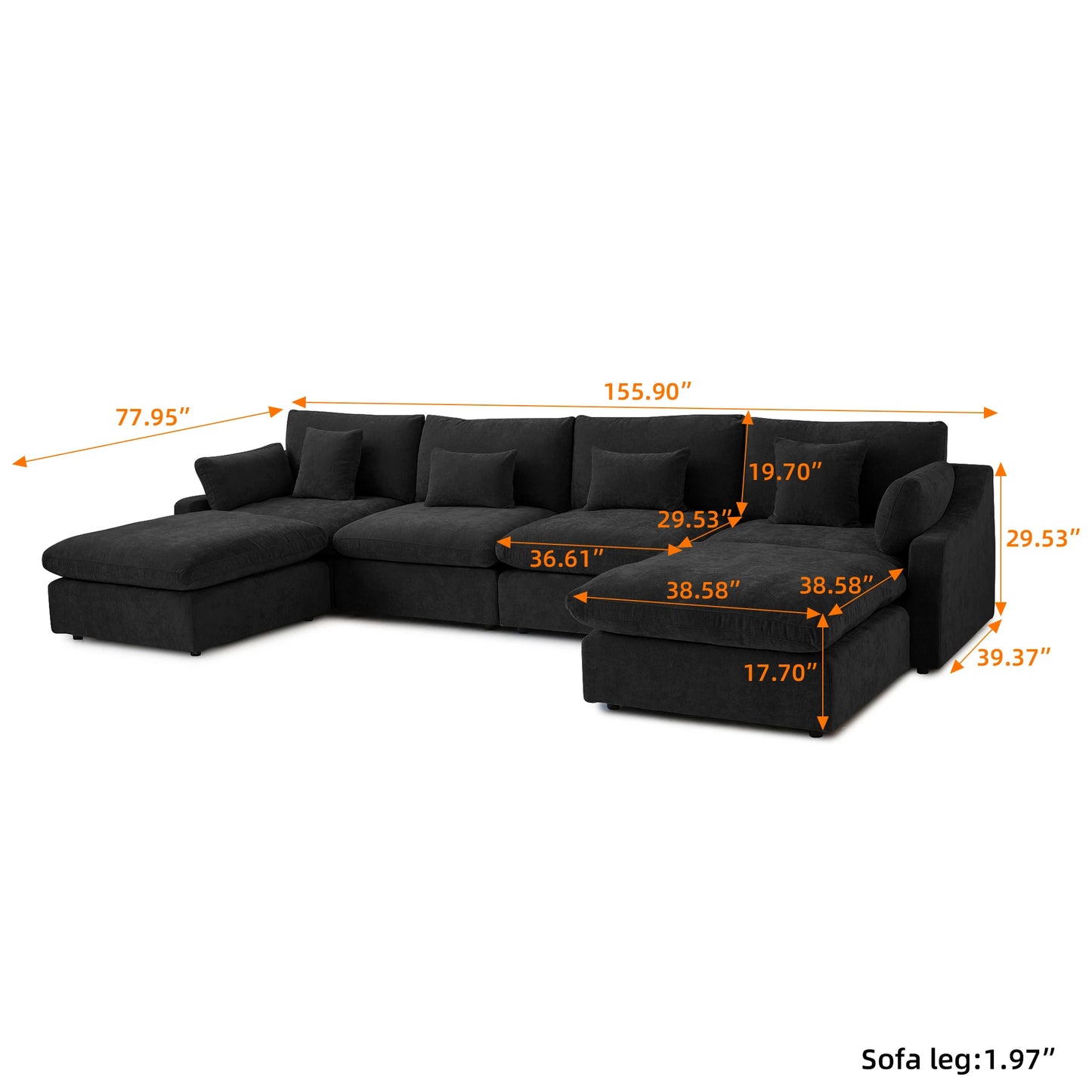 Modular Sectional Sofa for Living Room 160" Cloud Couch Down Filled U Shaped Couch with Ottoman