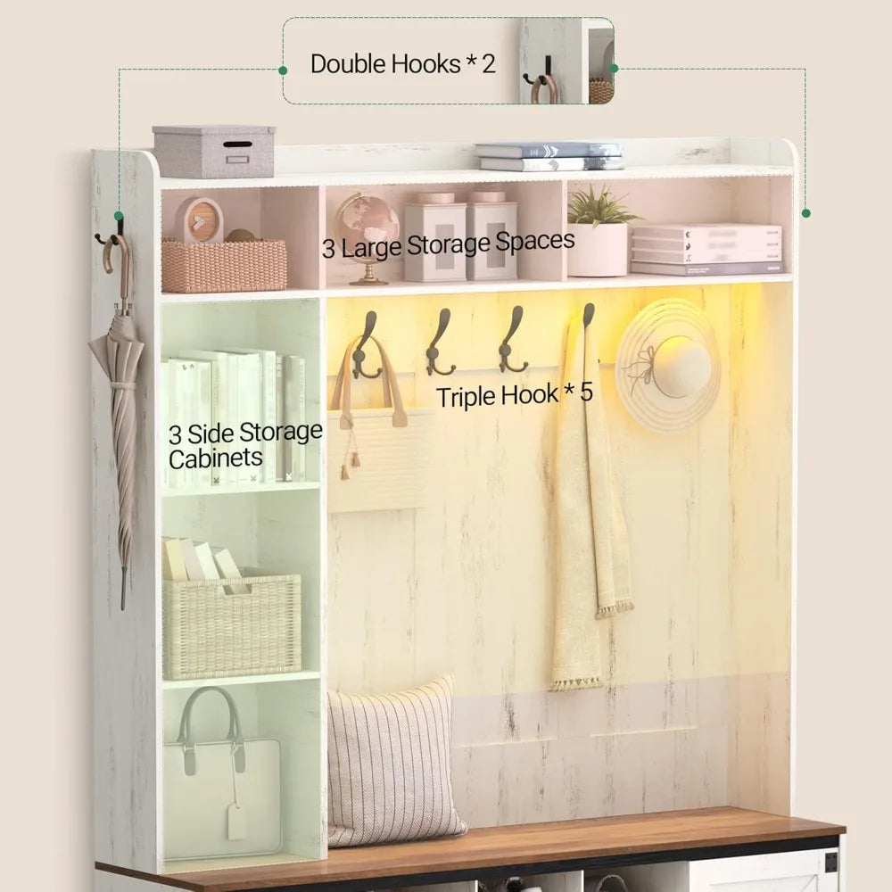 Hall Tree, LED Farmhouse Entryway Storage and Coat Rack Wood, Entryway Furniture  7 Hooks