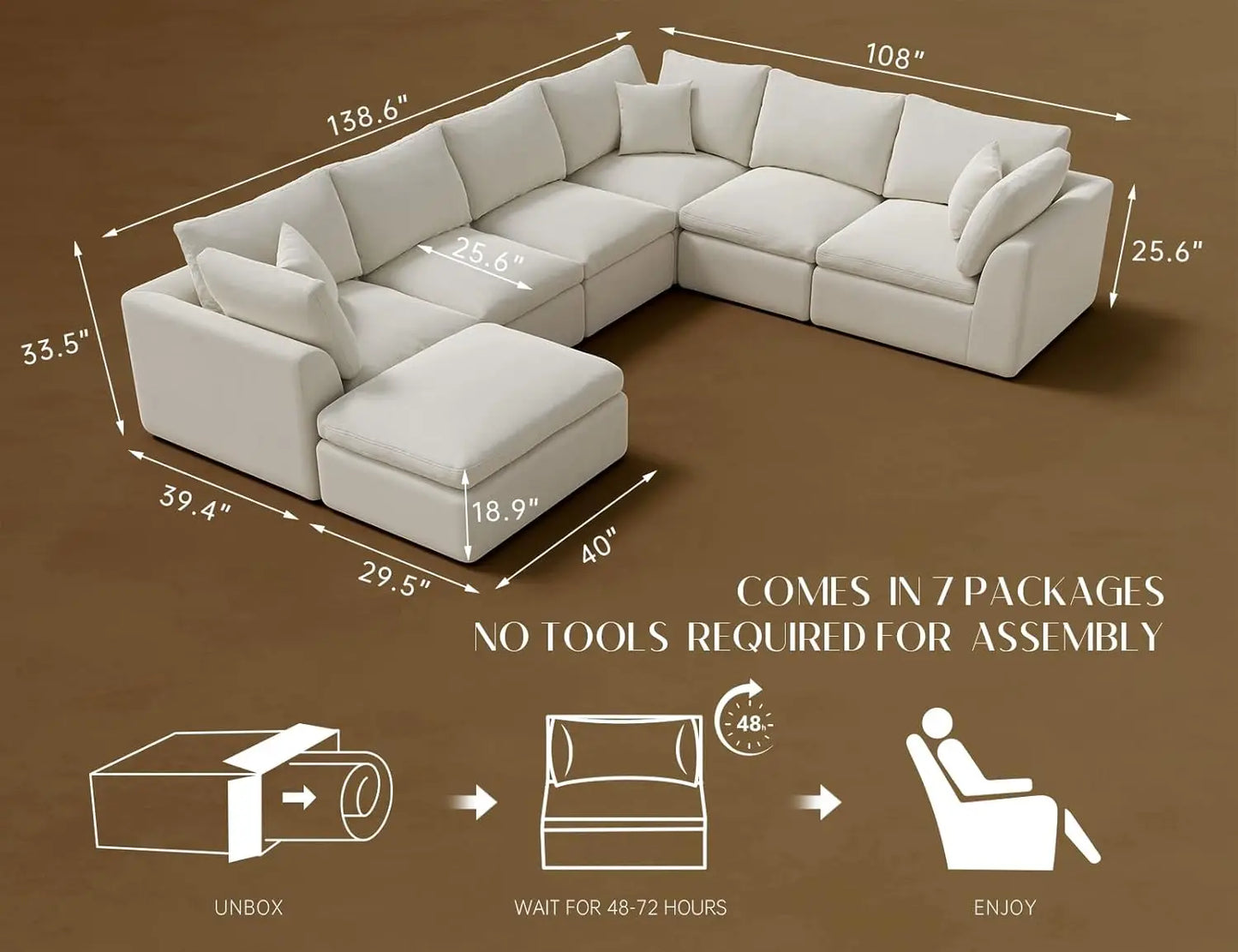 Oversized Cloud Couches for Living Room, Convertible Sectional Couch with Ottoman