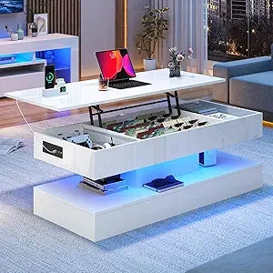 Large Lift Top Coffee Table With Storage LED Black Modern