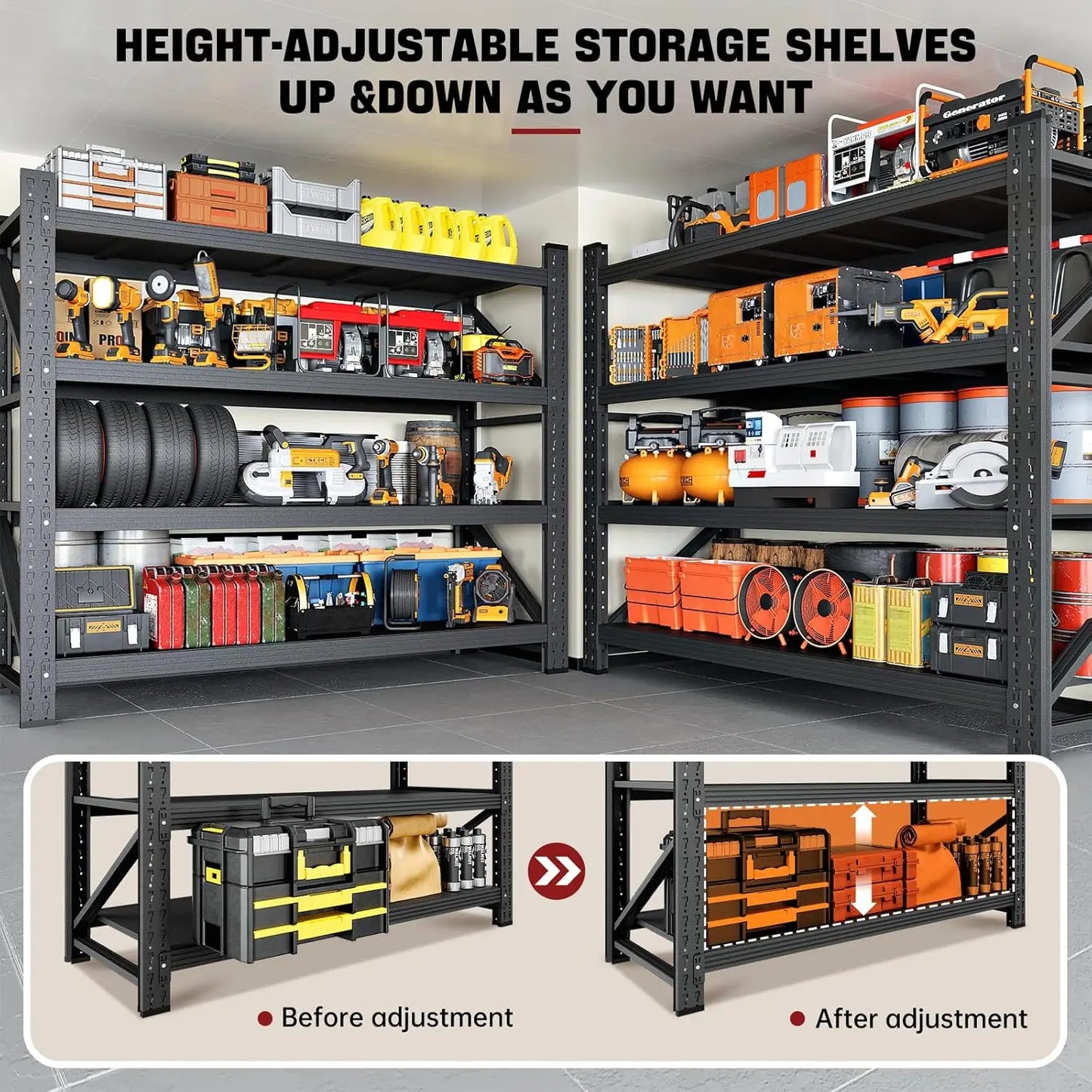 3000LBS Storage Shelves,48" W Garage Shelving Heavy Duty Metal Adjustable Garage Shelves, 48" W x 24" D x 69" H, Black