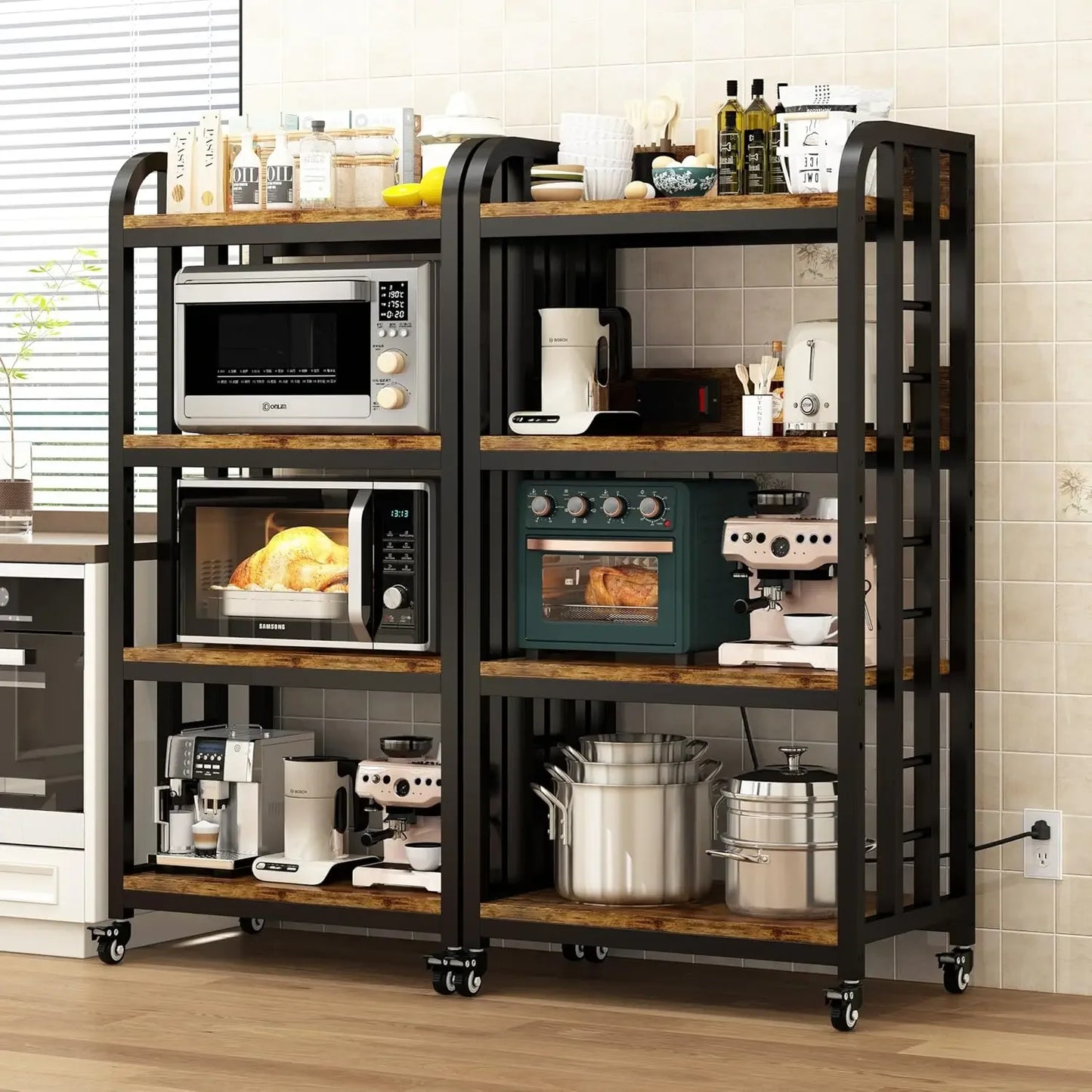 4-Tier Kitchen Bakers Rack with Power Outlet and Rolling Wheels, Microwave Stand with Storage, Adjustable Kitchen Shelves