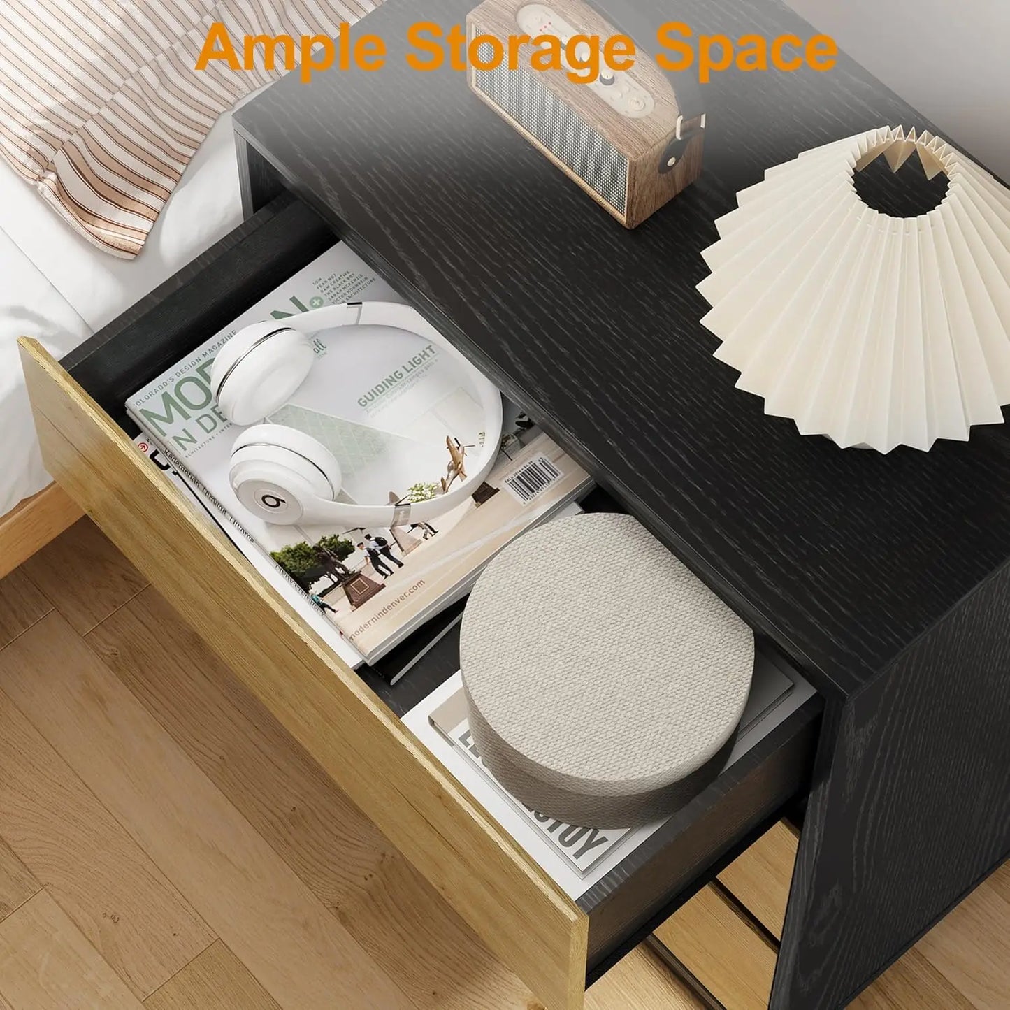 RoyaCraft Wide Nightstand Set of 3, Black Nightstand for Bedroom, Large End Table with 3 Drawers, Bedside Table for Home and Off