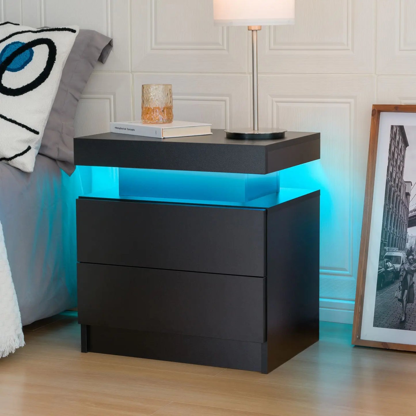 Cubehom LED Nightstands with 2 Drawers, End Table with RGB LED Lights