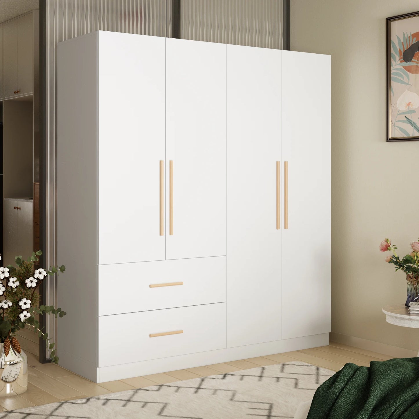 FUFU&GAGA Modern Wardrobe Armoire Closet with 2 Drawers, 6 Storage Cubes & 2 Hanging Rods