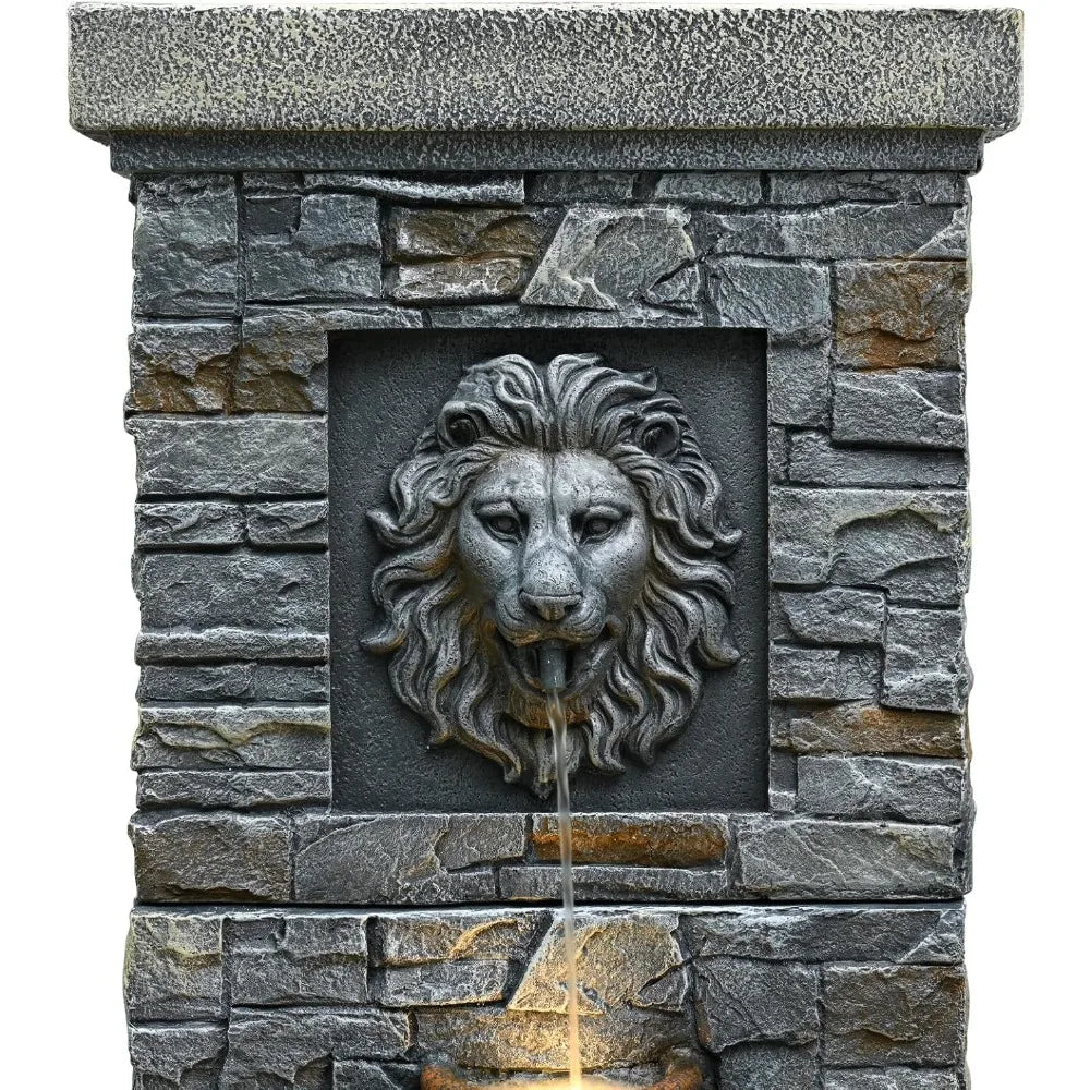 Outdoor Garden Floor Standing Water Fountain with Lion Head and Lights